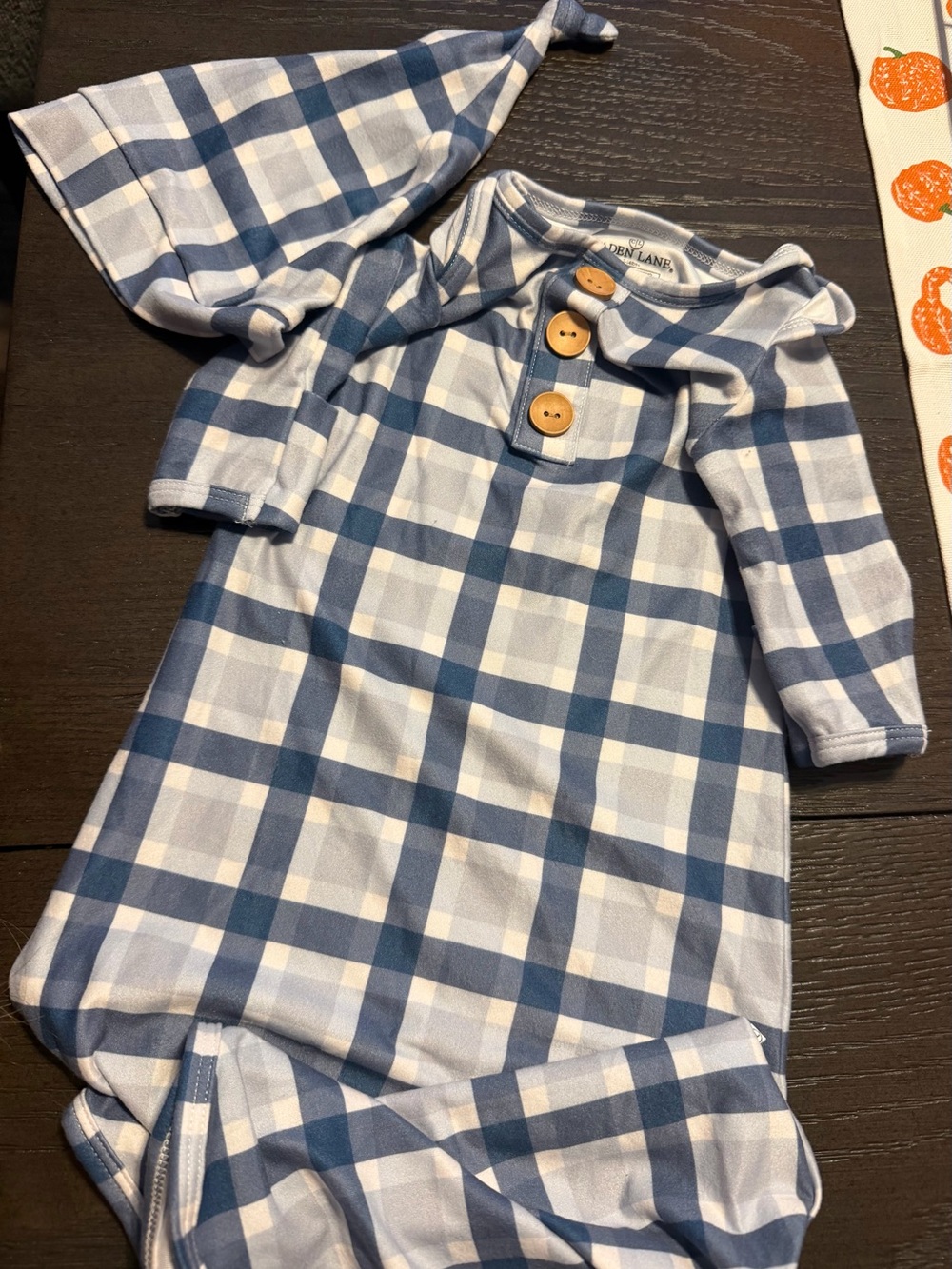 Caden Lane Blue and White Plaid Baby Nightgown with Wooden Buttons